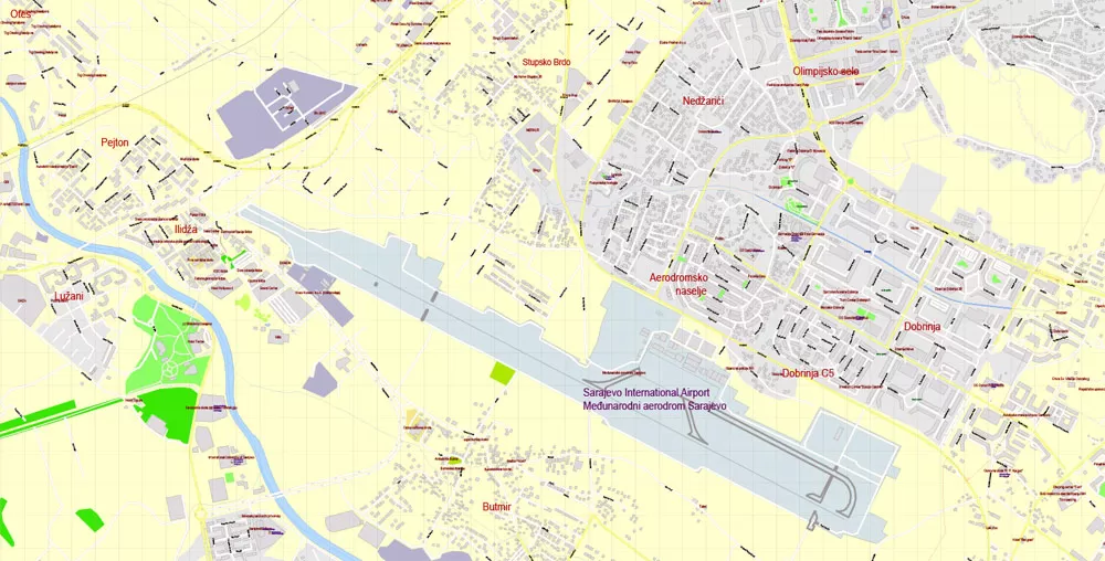 Printable Vector Map Sarajevo all buildings Bosnia and Herzegovina, exact detailed City Plan, 100 meters scale map 1:3387, editable Layered Adobe Illustrator, 14 Mb ZIP
