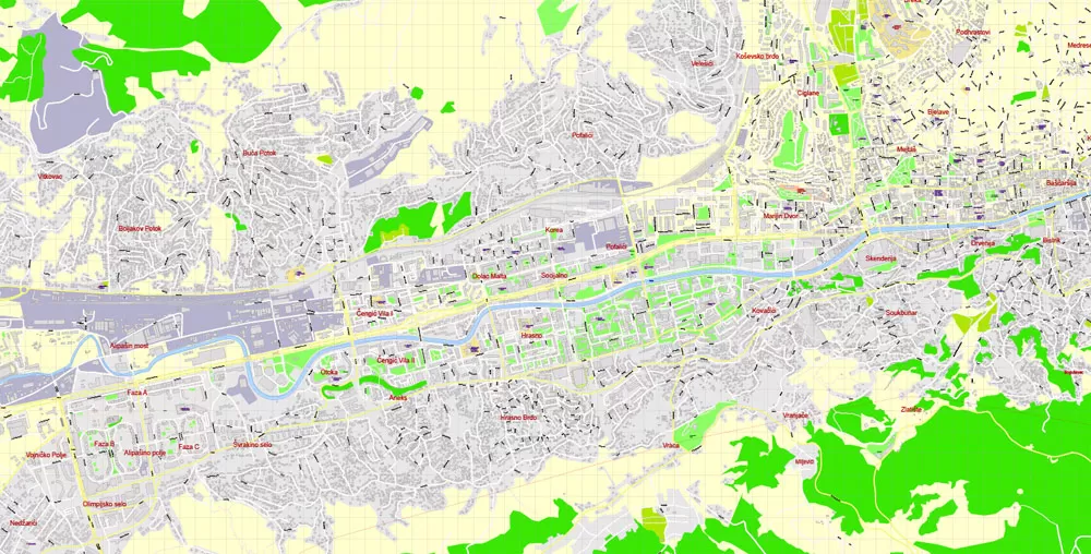 Printable Vector Map Sarajevo all buildings Bosnia and Herzegovina, exact detailed City Plan, 100 meters scale map 1:3387, editable Layered Adobe Illustrator, 14 Mb ZIP