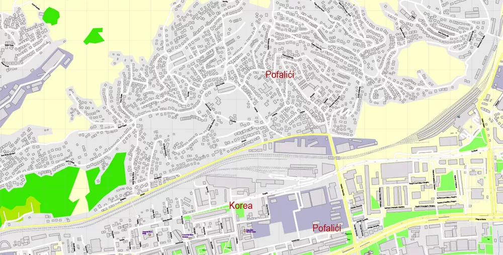 Printable Vector Map Sarajevo all buildings Bosnia and Herzegovina, exact detailed City Plan, 100 meters scale map 1:3387, editable Layered Adobe Illustrator, 14 Mb ZIP