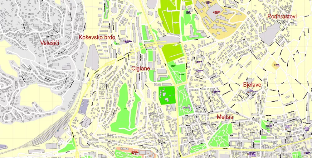 Printable Vector Map Sarajevo all buildings Bosnia and Herzegovina, exact detailed City Plan, 100 meters scale map 1:3387, editable Layered Adobe Illustrator, 14 Mb ZIP