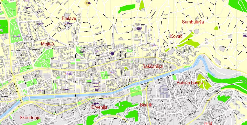 Printable Vector Map Sarajevo all buildings Bosnia and Herzegovina, exact detailed City Plan, 100 meters scale map 1:3387, editable Layered Adobe Illustrator, 14 Mb ZIP