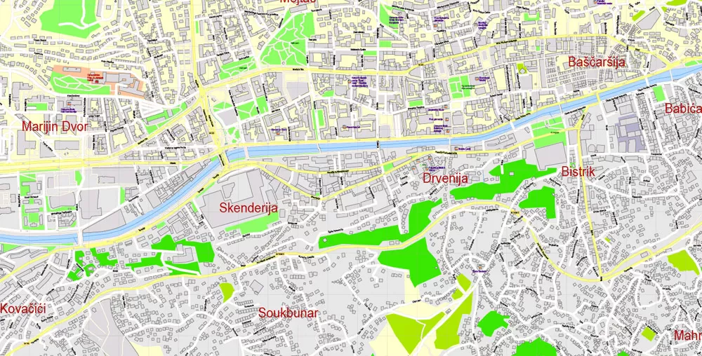 Printable Vector Map Sarajevo all buildings Bosnia and Herzegovina, exact detailed City Plan, 100 meters scale map 1:3387, editable Layered Adobe Illustrator, 14 Mb ZIP