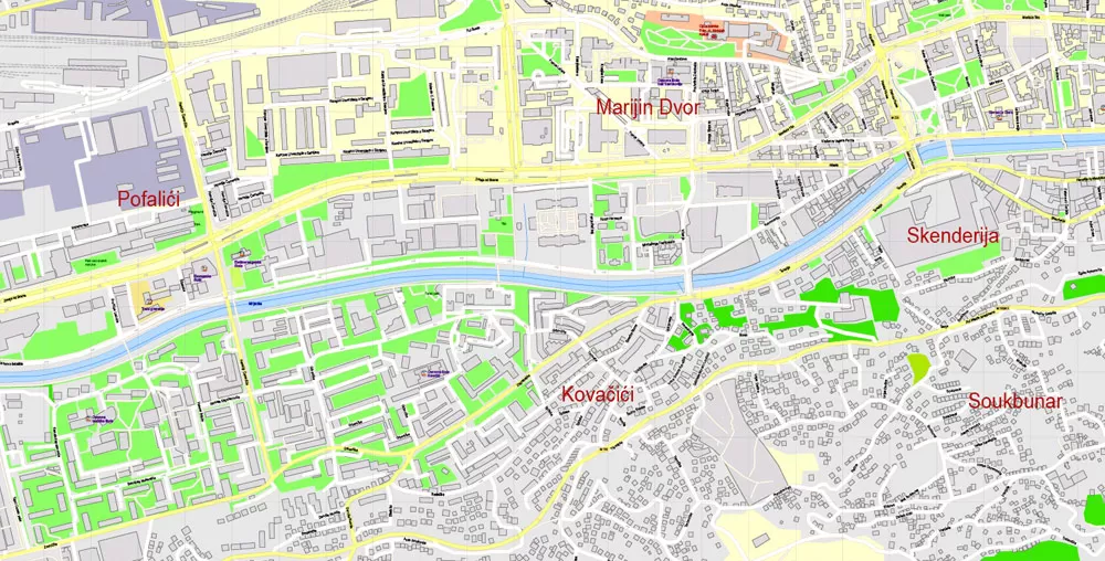 Printable Vector Map Sarajevo all buildings Bosnia and Herzegovina, exact detailed City Plan, 100 meters scale map 1:3387, editable Layered Adobe Illustrator, 14 Mb ZIP