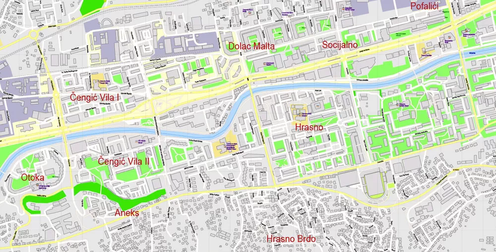 Printable Vector Map Sarajevo all buildings Bosnia and Herzegovina, exact detailed City Plan, 100 meters scale map 1:3387, editable Layered Adobe Illustrator, 14 Mb ZIP