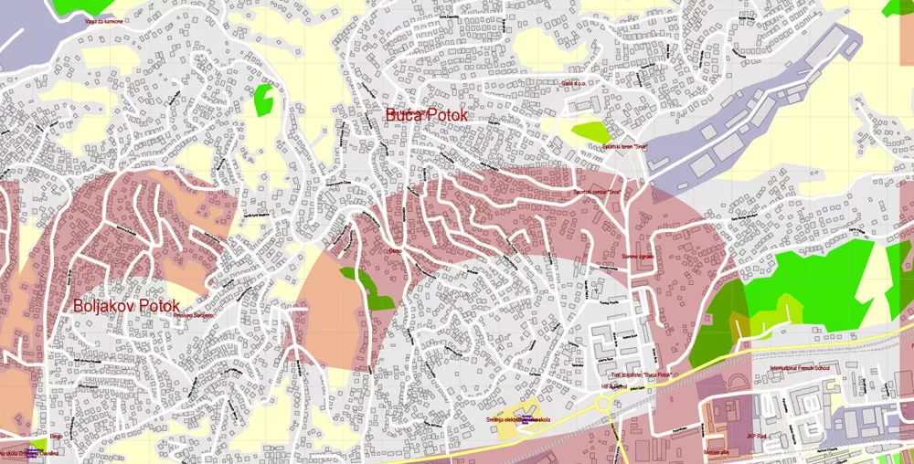 Printable Vector Map Sarajevo all buildings Bosnia and Herzegovina, exact detailed City Plan, 100 meters scale map 1:3387, editable Layered Adobe Illustrator, 14 Mb ZIP