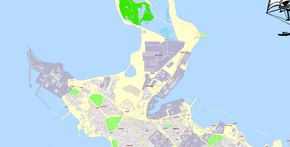 Printable Vector Map Tallinn Metro Area Estonia, exact detailed City Plan all Buildings, 100 meters scale map 1:2387, editable Layered Adobe Illustrator