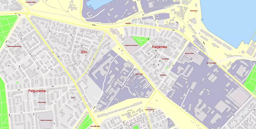 Printable Vector Map Tallinn Metro Area Estonia, exact detailed City Plan all Buildings, 100 meters scale map 1:2387, editable Layered Adobe Illustrator