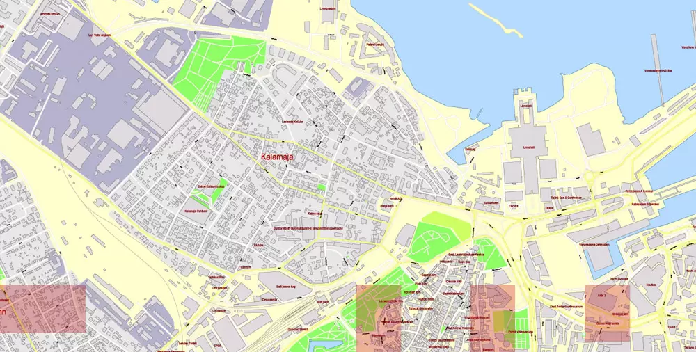Printable Vector Map Tallinn Metro Area Estonia, exact detailed City Plan all Buildings, 100 meters scale map 1:2387, editable Layered Adobe Illustrator