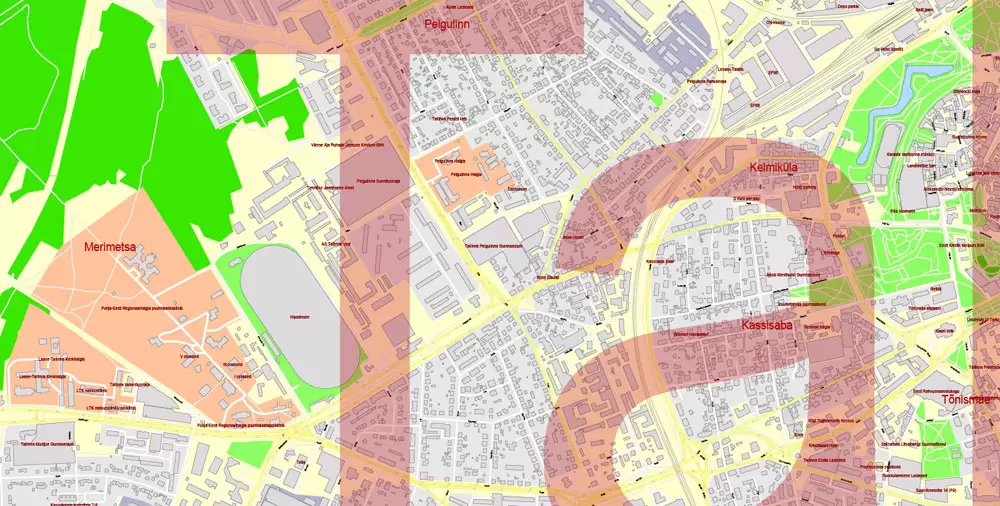 Printable Vector Map Tallinn Metro Area Estonia, exact detailed City Plan all Buildings, 100 meters scale map 1:2387, editable Layered Adobe Illustrator
