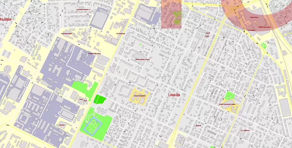 Printable Vector Map Tallinn Metro Area Estonia, exact detailed City Plan all Buildings, 100 meters scale map 1:2387, editable Layered Adobe Illustrator