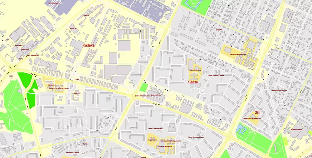 Printable Vector Map Tallinn Metro Area Estonia, exact detailed City Plan all Buildings, 100 meters scale map 1:2387, editable Layered Adobe Illustrator