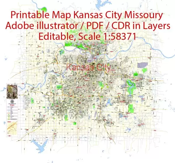 Printable Vector Map Kansas City, exact detailed City Plan, Scale 1:58371, editable Layered Adobe Illustrator Street Map, 13 Mb ZIP