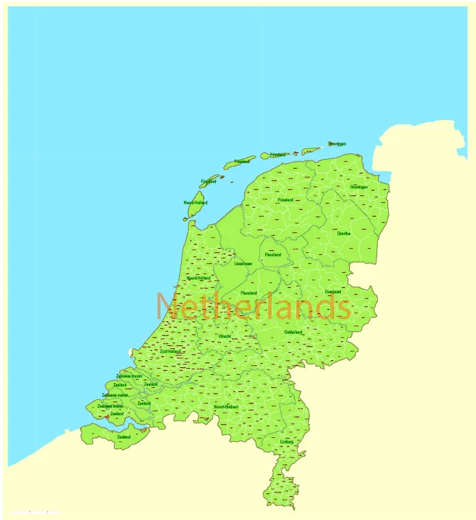 Admin Map Netherlands Printable Vector, exact Mercator Projection, editable Layered Adobe Illustrator, 10 Mb ZIP.