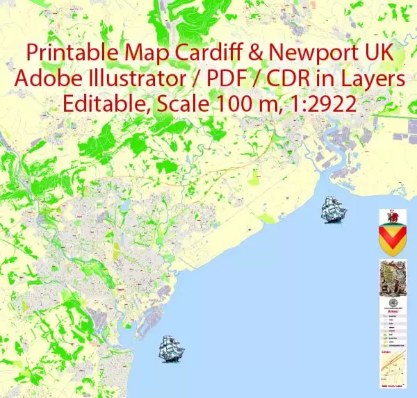 Printable Vector Map Cardiff + Newport Wales UK, exact detailed City Plan, Scale 1:2922, editable Layered Adobe Illustrator Street Map, 14 Mb ZIP
