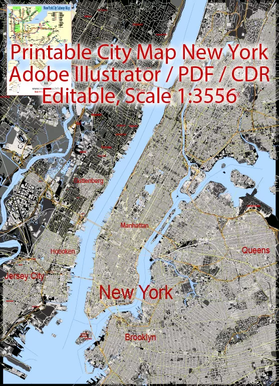Printable Vector Map New York City US, exact vector City Plan all Buildings scale 1:3556, full editable, Adobe Illustrator Street Maps