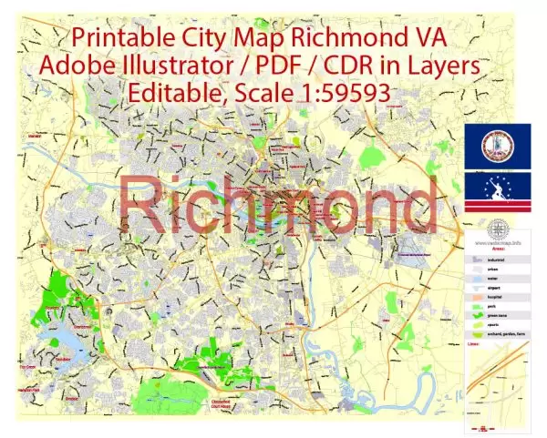 Printable Vector Map Richmond Virginia, exact detailed City Plan, Scale 1:59593, editable Layered Adobe Illustrator Street Map, 4 Mb ZIP