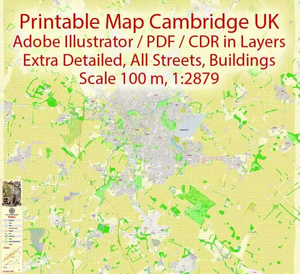 Printable Vector Map Cambridge UK, exact detailed City Plan all Buildings, Scale 1:2879, editable Layered Adobe Illustrator Street Map