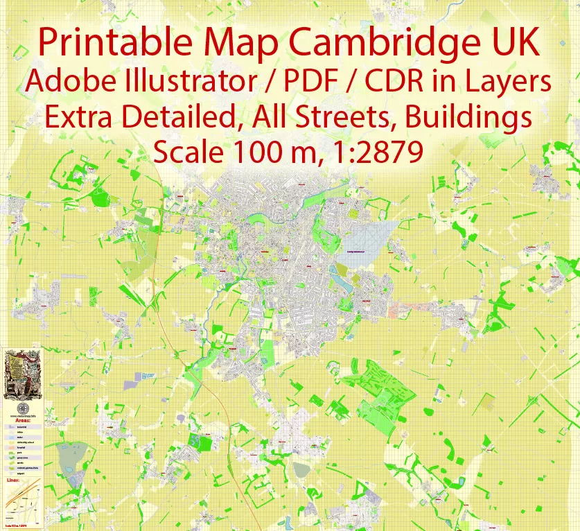 Printable Vector Map Cambridge UK, exact detailed City Plan all Buildings, Scale 1:2879, editable Layered Adobe Illustrator Street Map