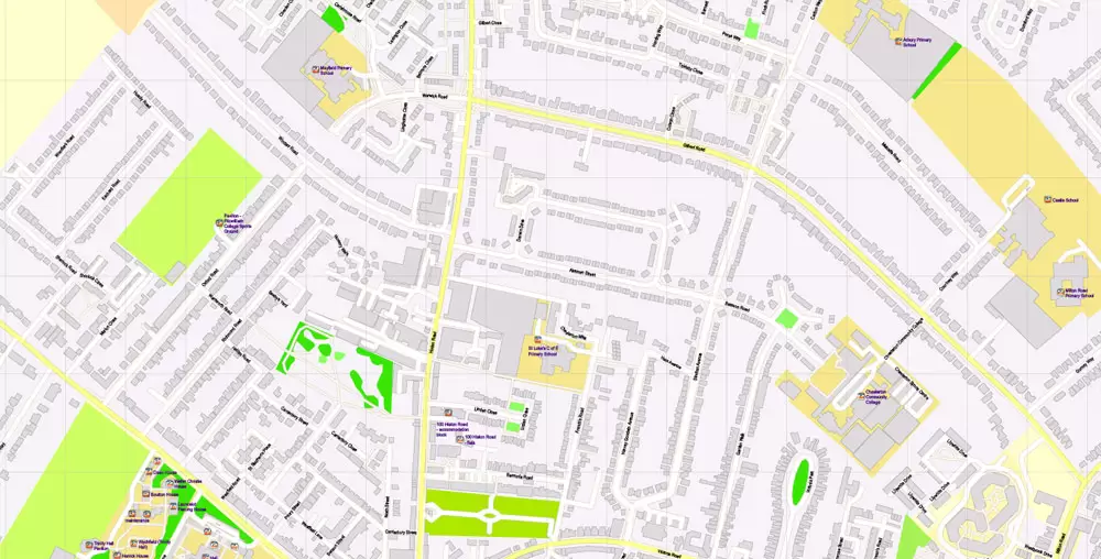 Printable Vector Map Cambridge UK, exact detailed City Plan all Buildings, Scale 1:2879, editable Layered Adobe Illustrator Street Map