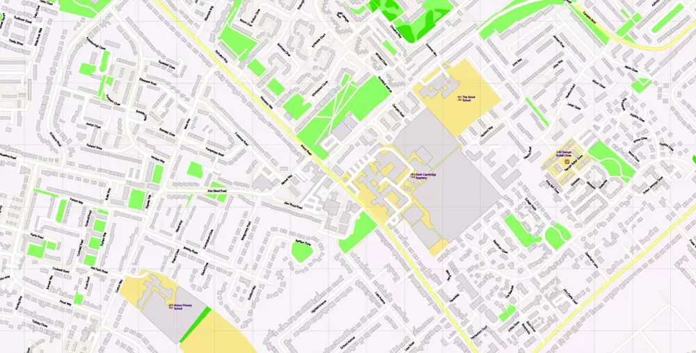 Printable Vector Map Cambridge UK, exact detailed City Plan all Buildings, Scale 1:2879, editable Layered Adobe Illustrator Street Map
