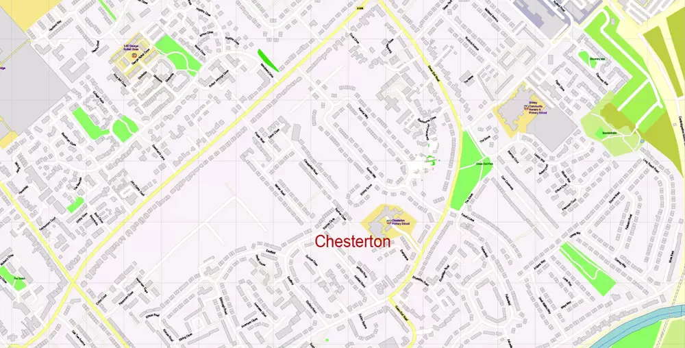 Printable Vector Map Cambridge UK, exact detailed City Plan all Buildings, Scale 1:2879, editable Layered Adobe Illustrator Street Map