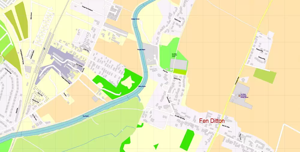Printable Vector Map Cambridge UK, exact detailed City Plan all Buildings, Scale 1:2879, editable Layered Adobe Illustrator Street Map
