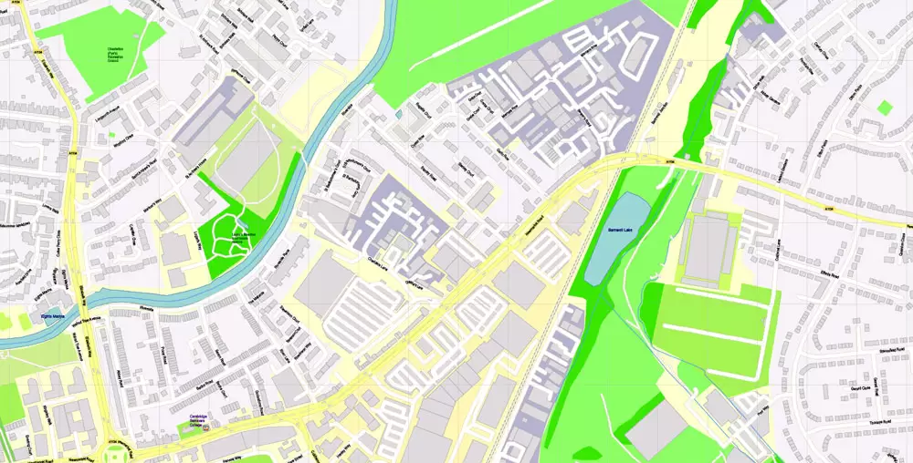 Printable Vector Map Cambridge UK, exact detailed City Plan all Buildings, Scale 1:2879, editable Layered Adobe Illustrator Street Map