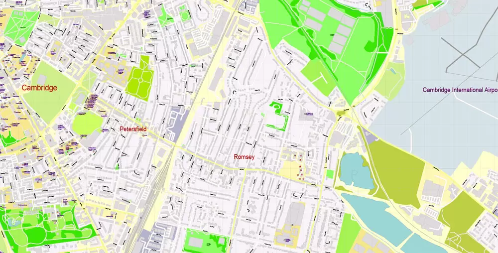 Printable Vector Map Cambridge UK, exact detailed City Plan all Buildings, Scale 1:2879, editable Layered Adobe Illustrator Street Map
