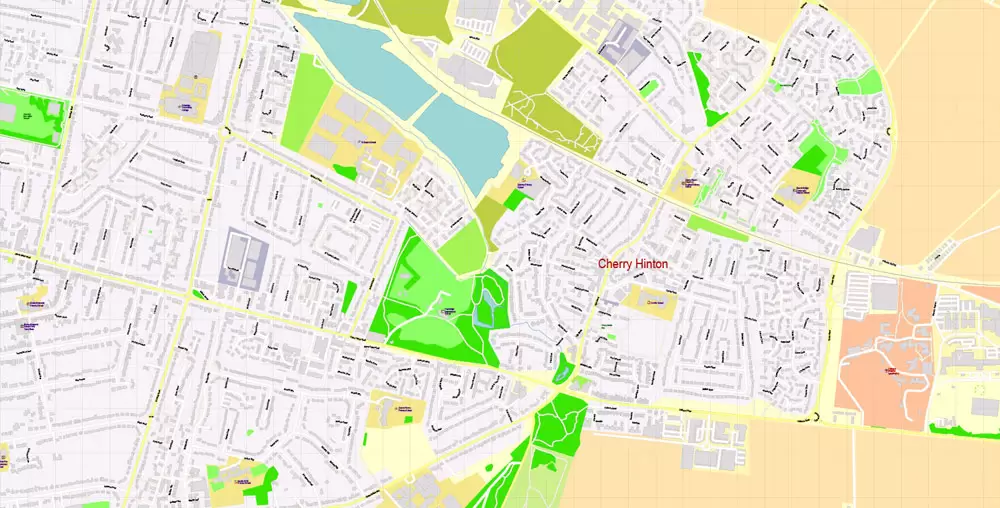 Printable Vector Map Cambridge UK, exact detailed City Plan all Buildings, Scale 1:2879, editable Layered Adobe Illustrator Street Map