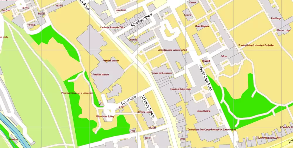 Printable Vector Map Cambridge UK, exact detailed City Plan all Buildings, Scale 1:2879, editable Layered Adobe Illustrator Street Map