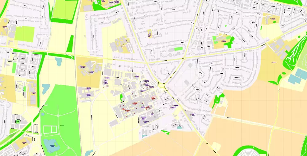 Printable Vector Map Cambridge UK, exact detailed City Plan all Buildings, Scale 1:2879, editable Layered Adobe Illustrator Street Map