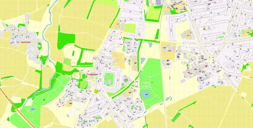 Printable Vector Map Cambridge UK, exact detailed City Plan all Buildings, Scale 1:2879, editable Layered Adobe Illustrator Street Map