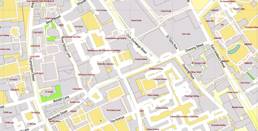 Printable Vector Map Cambridge UK, exact detailed City Plan all Buildings, Scale 1:2879, editable Layered Adobe Illustrator Street Map