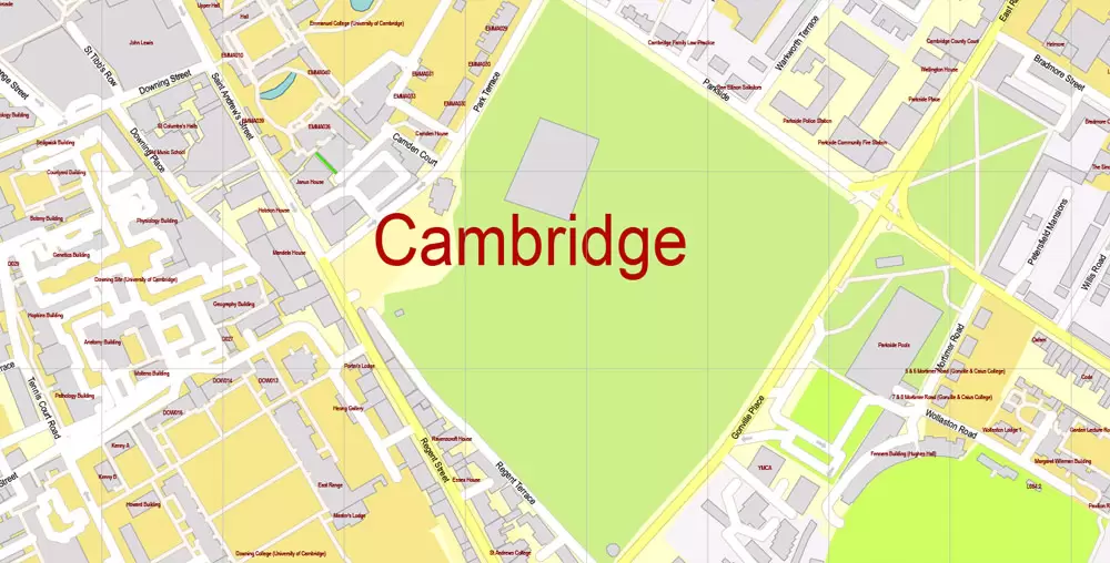 Printable Vector Map Cambridge UK, exact detailed City Plan all Buildings, Scale 1:2879, editable Layered Adobe Illustrator Street Map