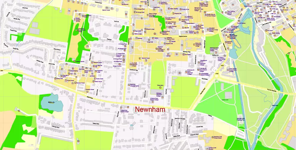 Printable Vector Map Cambridge UK, exact detailed City Plan all Buildings, Scale 1:2879, editable Layered Adobe Illustrator Street Map