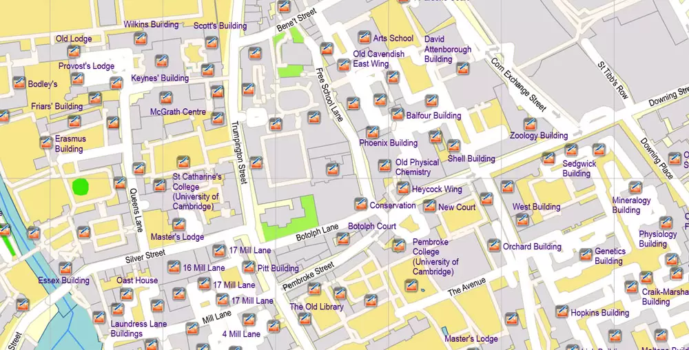 Printable Vector Map Cambridge UK, exact detailed City Plan all Buildings, Scale 1:2879, editable Layered Adobe Illustrator Street Map