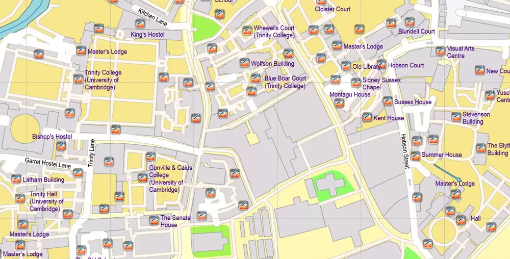 Printable Vector Map Cambridge UK, exact detailed City Plan all Buildings, Scale 1:2879, editable Layered Adobe Illustrator Street Map