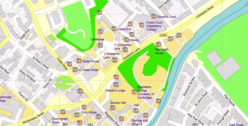 Printable Vector Map Cambridge UK, exact detailed City Plan all Buildings, Scale 1:2879, editable Layered Adobe Illustrator Street Map