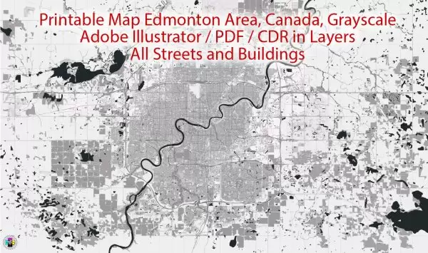 Printable Map Edmonton, Canada, exact  City Plan full editable, Adobe Illustrator, full vector, scalable, editable text format  street names, 26 mb ZIP