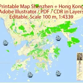 Printable Vector Map Hong Kong + Shenzhen, exact detailed City Plan Street Map with Buildings, scale 1:4339, editable Layered Adobe Illustrator