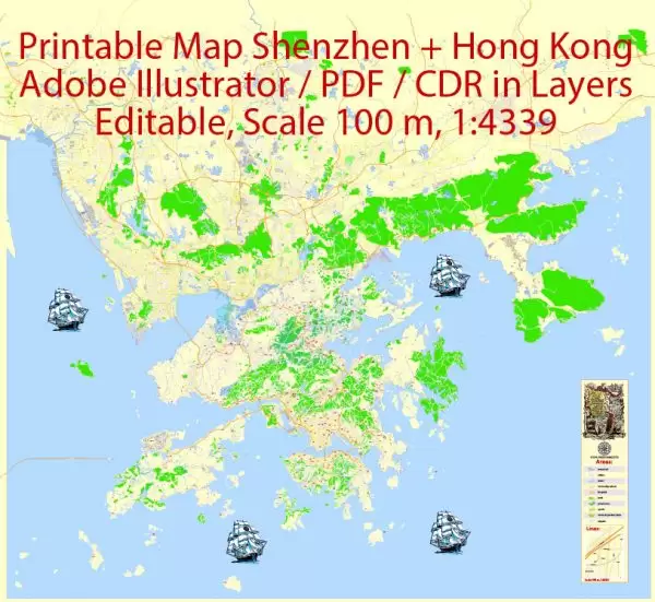Printable Vector Map Hong Kong + Shenzhen, exact detailed City Plan Street Map with Buildings, scale 1:4339, editable Layered Adobe Illustrator