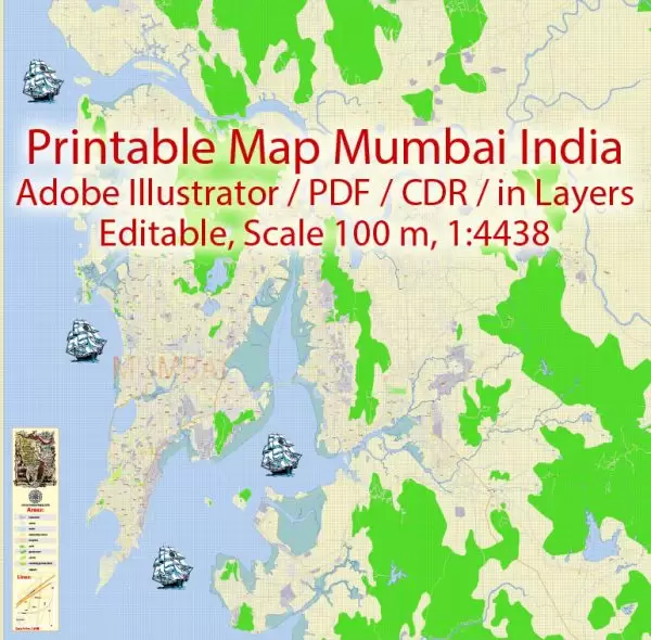 Printable Vector Map Mumbai India, exact detailed City Plan, Scale 1:4438, editable Layered Adobe Illustrator Street Map, 14 Mb ZIP. All streets named, main objects