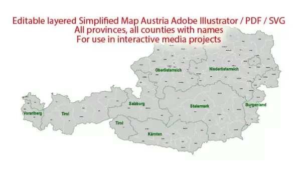 Austria Map Administrative Vector Adobe Illustrator Editable PDF SVG simplified Provinces Counties