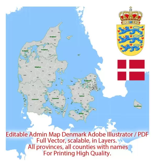 Denmark Map Administrative Vector Adobe Illustrator Editable PDF Provinces Counties