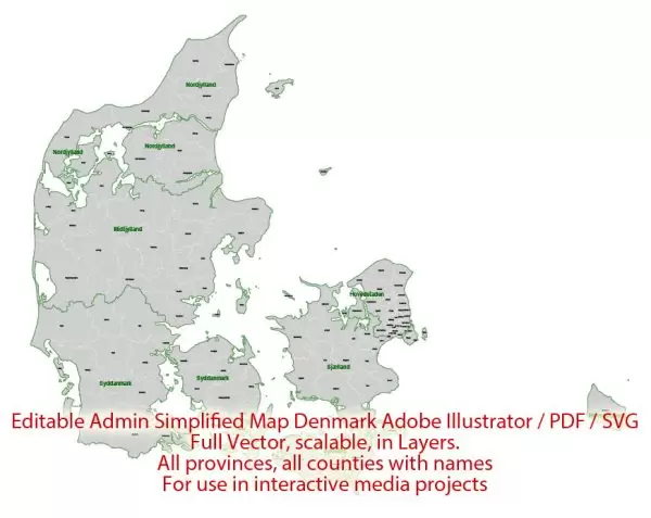 Administrative Vector Map Denmark Adobe Illustrator Editable PDF SVG layers simplified