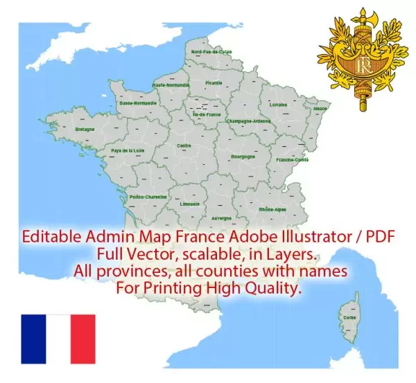 France Map Administrative Vector Adobe Illustrator Editable PDF Provinces Counties