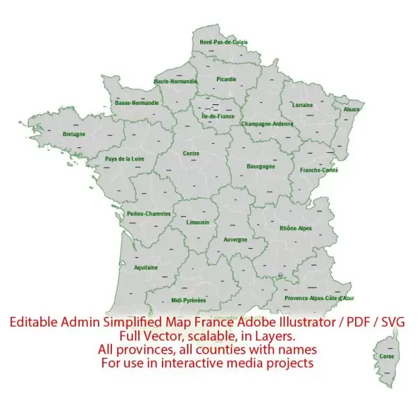 France Map Administrative Vector Adobe Illustrator Editable PDF SVG simplified Provinces Counties