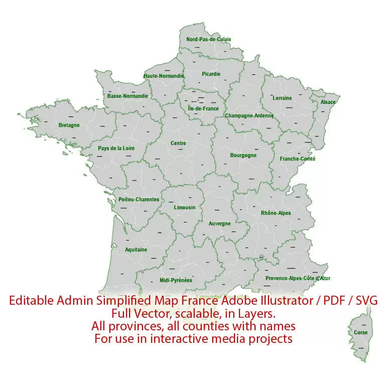 France Map Administrative Vector Adobe Illustrator Editable PDF SVG simplified Provinces Counties