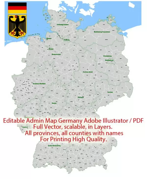 Germany Map Administrative Vector Adobe Illustrator Editable PDF Provinces Counties for publishing, design, media, presentations, for High Quality Printing