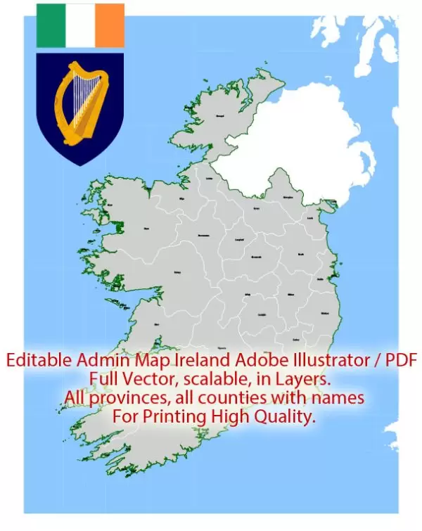 Ireland Map Administrative Vector Adobe Illustrator Editable PDF Provinces Counties for publishing, design, media, projects, presentations, for High Quality Printing